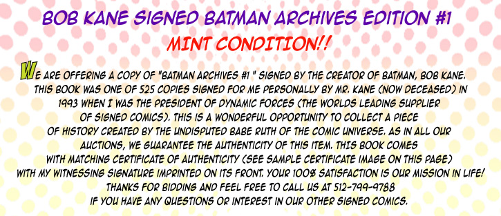 BATMAN ARCHIVES #1 SIGNED BY BOB KANE   DYNAMIC FORCES CERTIFIED 